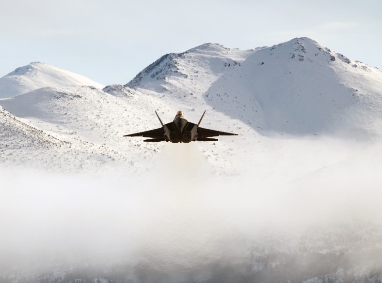 Air Force 90th Fighter Squadron F-22 Raptor takes off from Joint Base Elmendorf-Richardson, Alaska, April 7, 2024, for exercise Agile Reaper 24-1(U.S. Air Force/Patrick Sullivan)